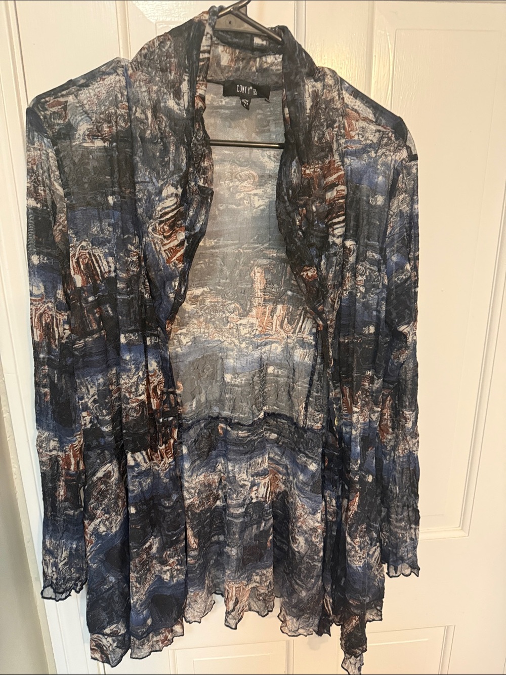 Comfy USA Navy & Brown Sheer Printed Cardigan
